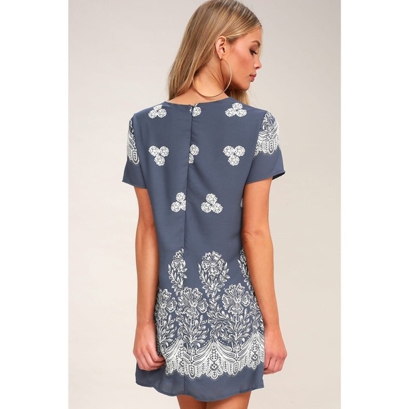 Lulu’s Riverside Slate Blue Floral Print Shift Dress Short Sleeve Women’s S - Picture 2 of 15